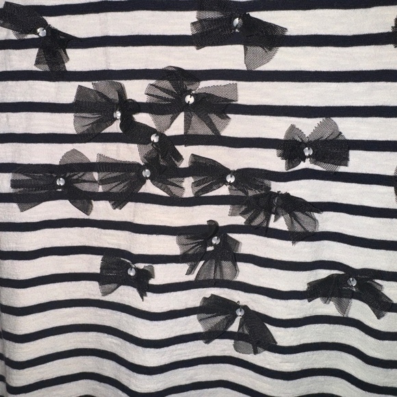 EUC Halogen Striped Tulle Bow Knit Short Sleeve Top Size Large - Picture 3 of 6